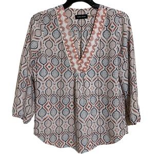 Ivanka Trump 3/4 Sleeve Blouse Popover Stretch Top V Neck Women's Size M